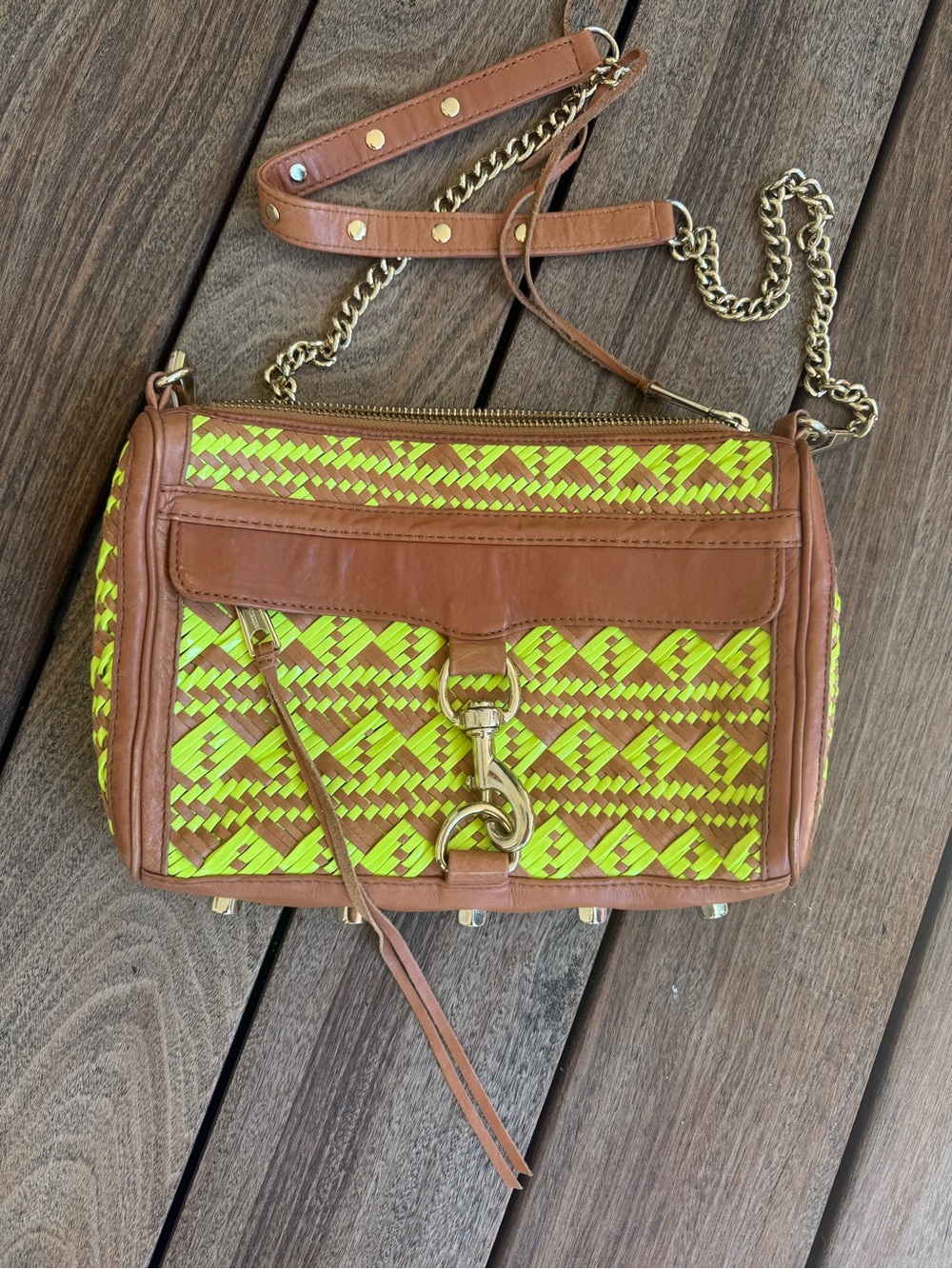 Rebecca Minkoff Neon Yellow and Tan Woven Crossbody Bag